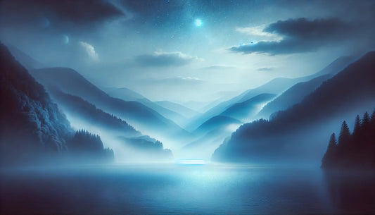 Natürliche, träumerische Landschaft in harmonischen Blautönen, mit einem ruhigen See, umgeben von nebligen Hügeln und einem sanften, wolkigen Himmel. Friedliche und beruhigende Atmosphäre.